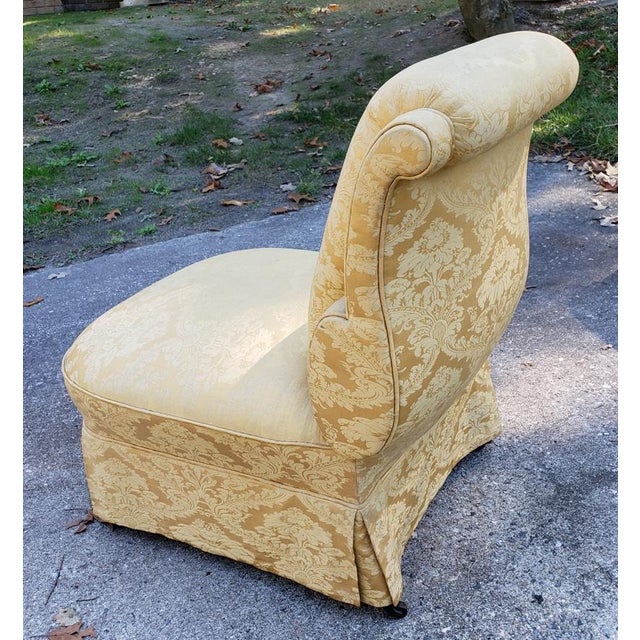 Pair Scroll-Back Slipper Chairs in Yellow Floral Damask Brocade, Pair For Sale In Raleigh - Image 6 of 8