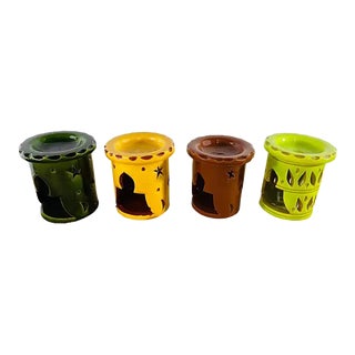 Boho Chic Moroccan Ceramic Muti-Color Candle Holder, Set of 4 For Sale