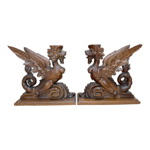Pair Antique 19th Century Carved Wood Architectural Salvage Griffin Sculptures
