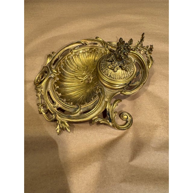 Antique French Brass Inkwell & Stand For Sale - Image 4 of 7