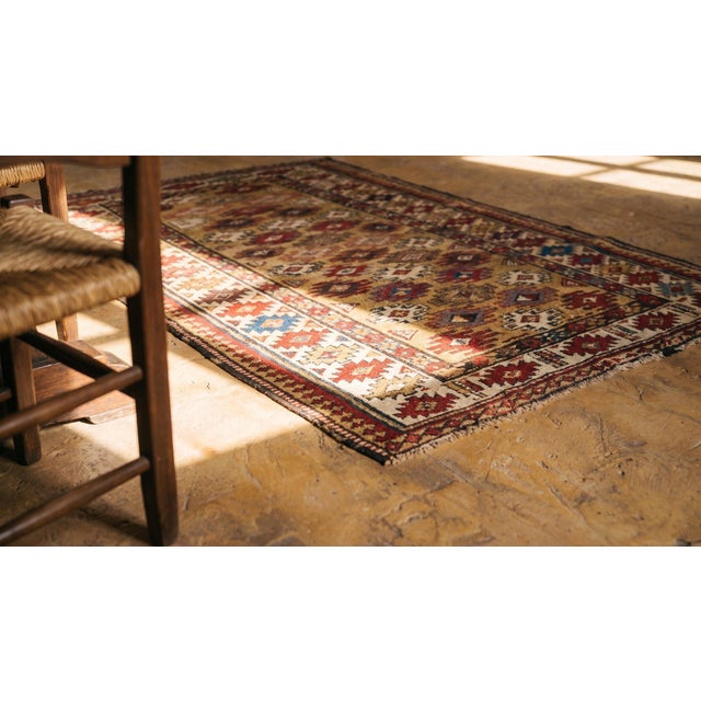 Textile Small Scatter Size Light Yellow Color Antique Tribal Geometric Wool Pile Caucasian Chi Chi Rug For Sale - Image 7 of 8