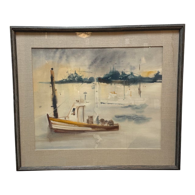 Sanford Brooks Mid Century Harbor Scene Watercolor Painting, Signed For Sale