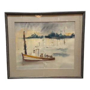 Sanford Brooks Mid Century Harbor Scene Watercolor Painting, Signed