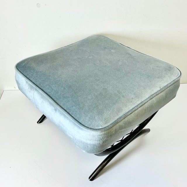 1960s Vintage Mid-Century Boho Chic Atomic Metal Footstool With Sky Blue Velvet Cushion For Sale - Image 13 of 13