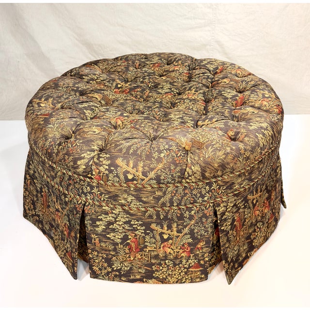 Chinoiserie Round Chinoiserie Tufted Ottoman, Poof, Footstool, Vintage 1970’s-80’s For Sale - Image 3 of 11