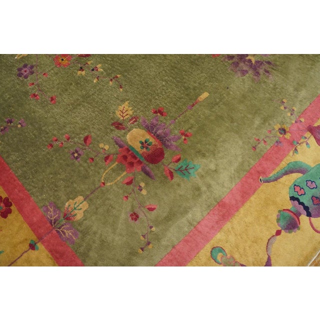 1920s 1920s Green Asparagus Vase Floral Antique Chinese Art Deco Rug 9' X 11' 6" Knotted Wool Carpet For Sale - Image 5 of 9