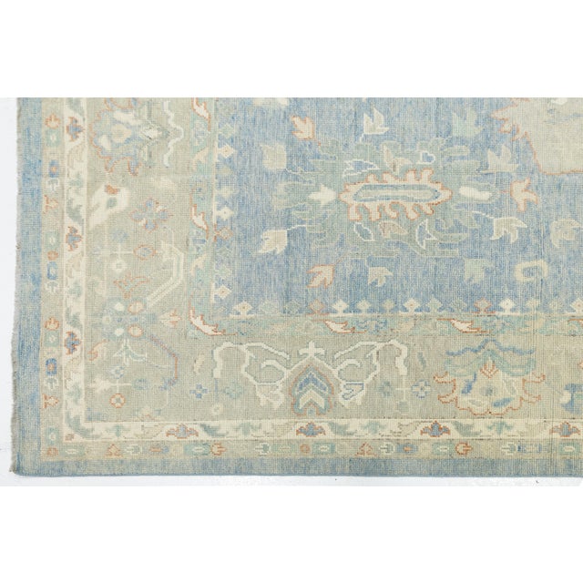 Hand-Knotted Modern Oushak Wool Rug in Soft Sky Blue, Cream & Muted Teal For Sale - Image 9 of 11