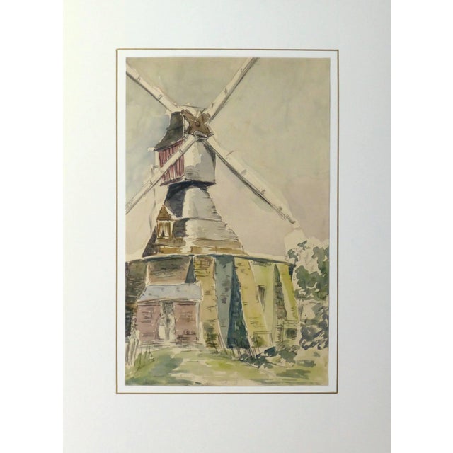 Vintage French Watercolor - Windmill For Sale - Image 4 of 5