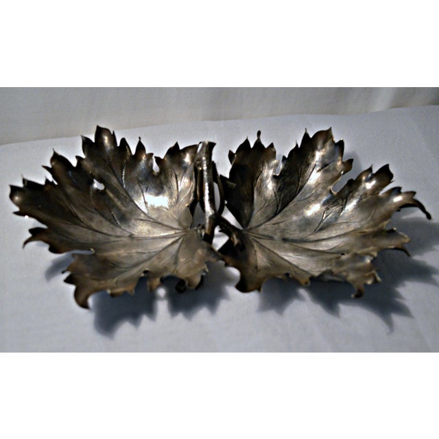 Oxidized brass vintage double olive leaf shaped with handle serving dish.