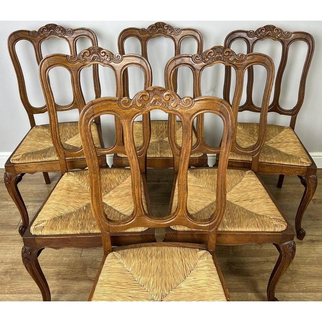 Contemporary Vintage French Dining Chairs in Oak with Rush Seats, Set of 6 For Sale - Image 3 of 17