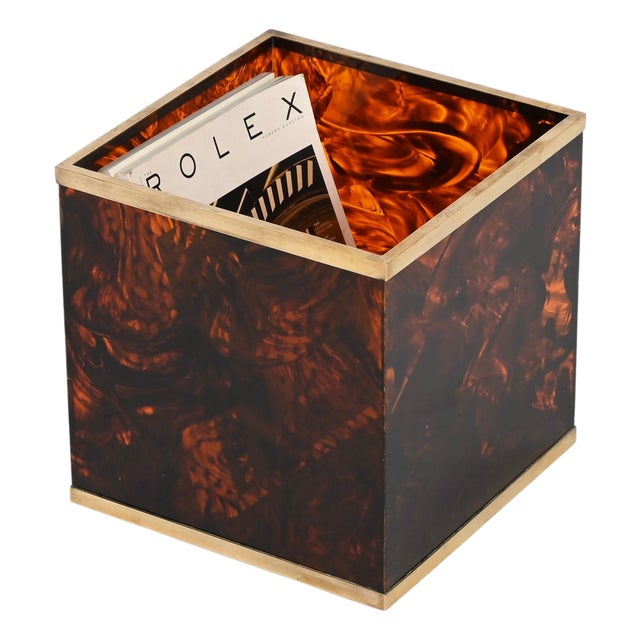 Tortoiseshell Effect Acrylic and Brass Cubic Magazine Rack from Dior, 1970s For Sale