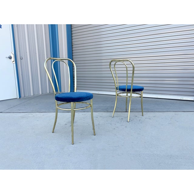 1980s Set of 4 Vintage Hollywood Regency Brass & Royal Blue Velvet Dining Chairs For Sale - Image 9 of 16