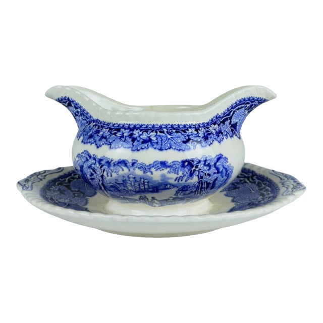 Antique English Mason Blue-and-White Transferware Gravy Boat and Stand For Sale