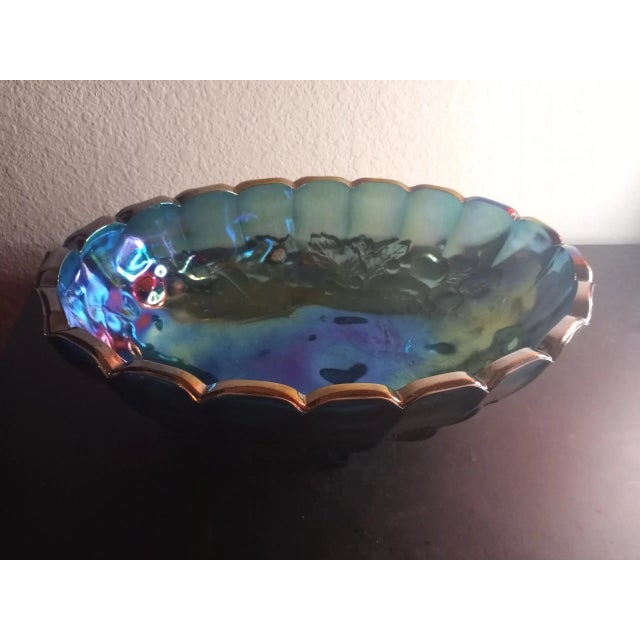 Blue 1940s Indiana Carnival Glass Iridiscent Harvest Pattern Footed Oval Bowl For Sale - Image 8 of 8