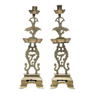 20th Century Brass Chinese Candlestick Holders- a Pair For Sale