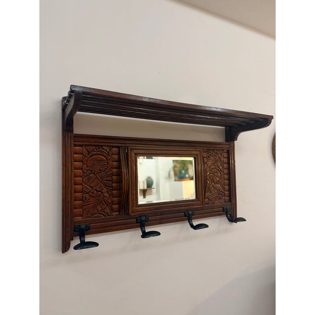 1920s Antique French Hand-Carved Oak Wall-Mounted Coat Rack with Pivoting Mirror & Slatted Shelf, 1920s For Sale - Image 5 of 11
