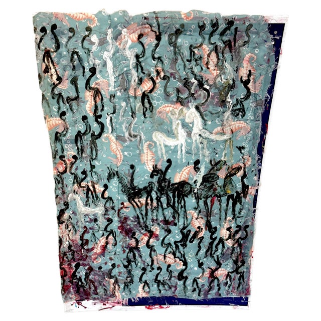 Late 20th Century Purvis Young Mixed Media on Poster Board with Seahorse Fabric & Painted Warriors For Sale - Image 5 of 18