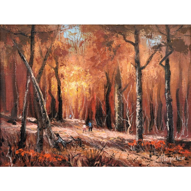 Beautiful midcentury impasto landscape in warm autumnal tones of small figures walking through the fall woods by Harold...