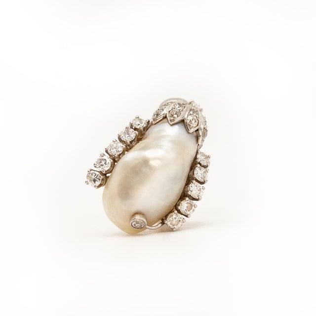 Modern Mid 20th Century 18k Yellow Gold and White Gold Gia Certified Natural Pearl Diamond Ring, Size 6.5 For Sale - Image 3 of 11
