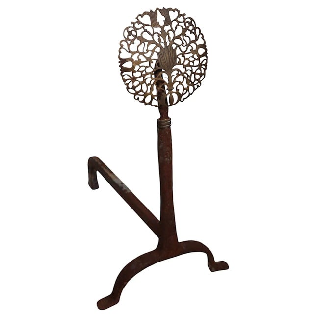 Metal Pr. Brass Filigree Medallion Wrought Iron Base Andirons Att. To Virginia Metal Crafters For Sale - Image 7 of 9