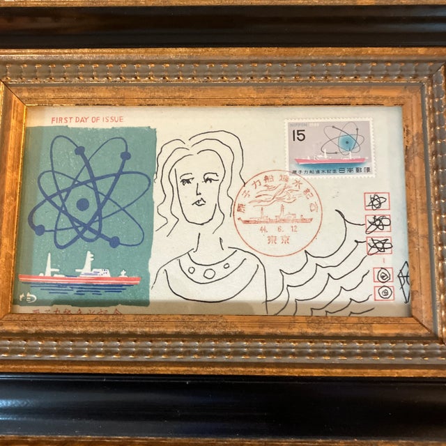 Ink drawing done on a 1960’s First Day of Issue Japanese Stamped envelope 3.5 x 6 Overall size with frame is 8 x 10.5