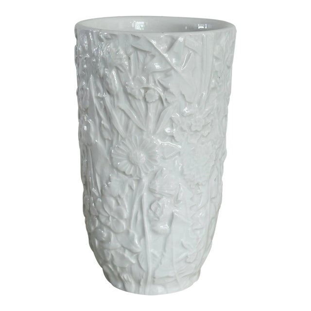 Vintage White Ceramic Italian Majolica Vase With Textured Floral Relief For Sale
