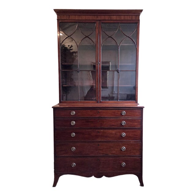 Georgian Mahogany Astragal Glazed Secretaire Bookcase on Swept Bracket Feet For Sale