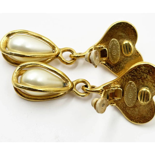 1990s Chanel Vintage Gold Plated CC Heart Pearl Tear Drop Dangle Clip on Large Earrings For Sale - Image 5 of 6