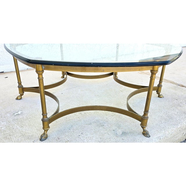 Brass Vintage LaBarge Hexagonal Brass Hoof Footed Glass Top Coffee Table For Sale - Image 8 of 13