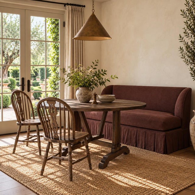 Dresden Banquette Slip Covered in Dark Rust Linen 65″ x 30″d x 31″ h Seat Height 18.5″ / Seat Depth 24″ / Leg height 2″...