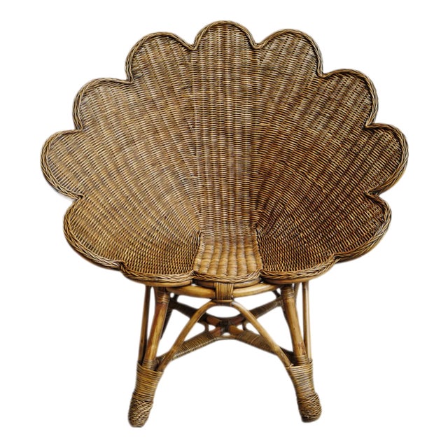 Vintage Tea Stain Wicker Shell Chair For Sale