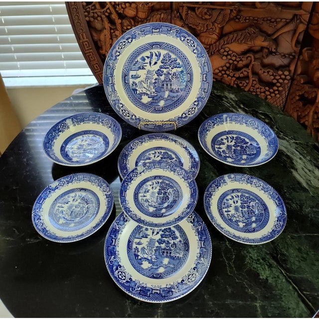 Vintage, 1960's Willow Woodware ceramic (8 pieces), crafted by Wood & Sons England in Churchill Blue. Stately, rich royal...