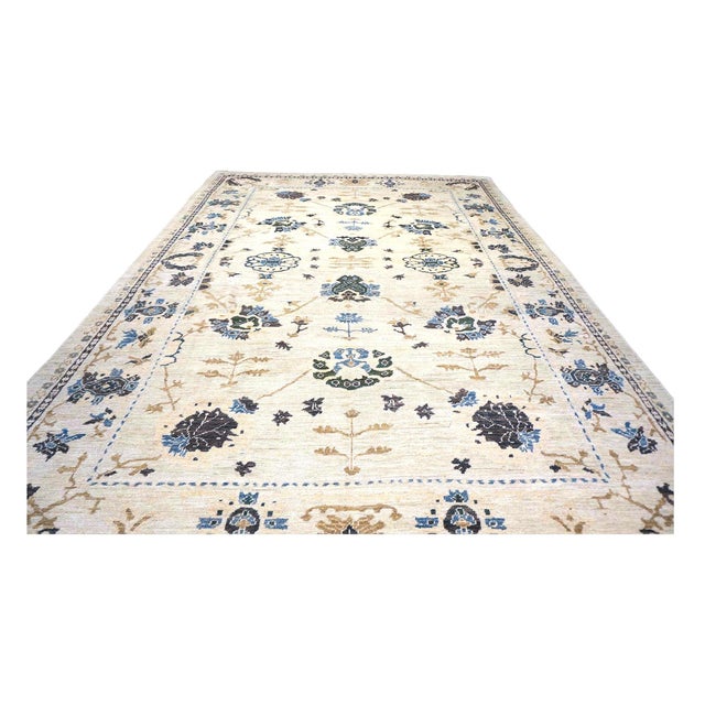 Early 21st Century 21st Century Turkish Oushak Wool 9x13 Ivory, Olive & Blue Handmade Area Rug #1140406 For Sale - Image 5 of 9
