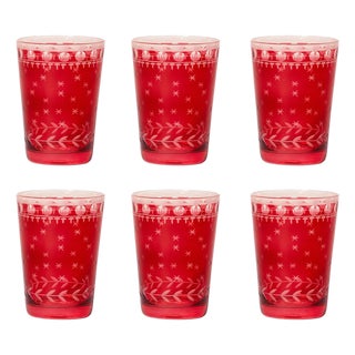 Hand-Cut Red Glass Candle Holders, Set of 6 For Sale