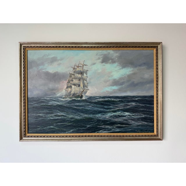 Mid-Century Modern 1970’s Edgar Freyberg (German/American, b.1927) Tall Ship at Sea Oil on Canvas Painting, Framed For Sale - Image 3 of 12