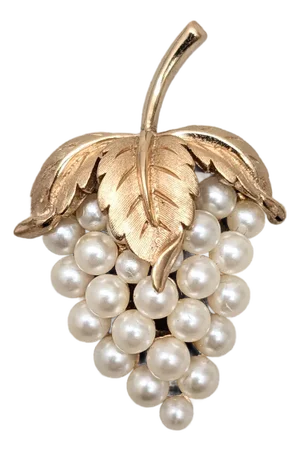 Vintage 1960s Signed Crown Trifari Goldtone Faux-Pearl Grape Cluster Brooch
