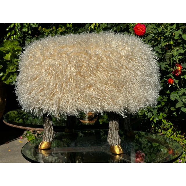 Round Stool / Ottoman With Hand Carved and Patinated / Gilt “Sheep” Legs & Faux “Lambswool” Washable Upholstery/ Everage Design Workshop Made to Order For Sale - Image 4 of 8