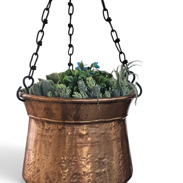 Hand-Hammered Copper Hanging Planter With Forged Iron Chain 12" For Sale - Image 4 of 17