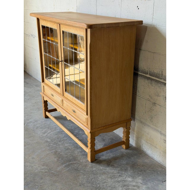 Wood In Style of Henning Kjærnulf Oak Glass Cabinet With Leaded Doors Vintage Danish Mid-Century Modern 1960s For Sale - Image 7 of 10