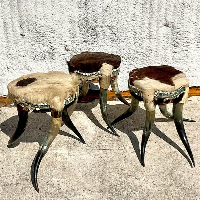 Vintage Boho Horn Stools - Set of 3 For Sale - Image 10 of 10