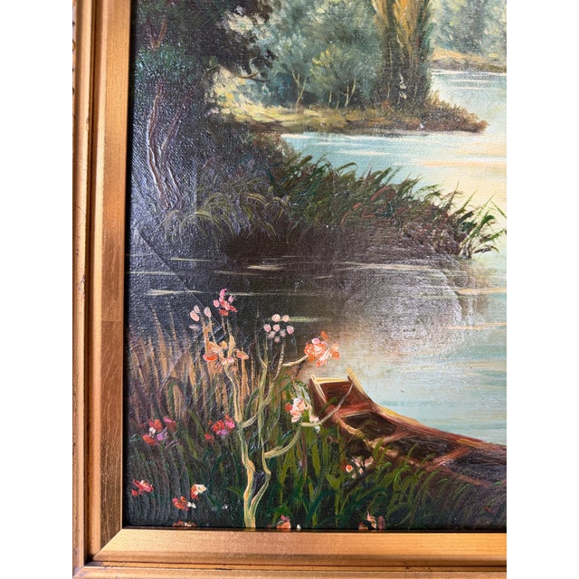 Vintage European Countryside River Landscape Oil Painting on Canvas – Framed For Sale - Image 12 of 17