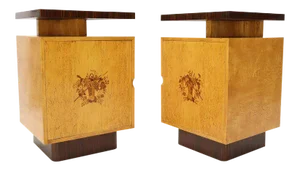 Large Mid-Century Modern Rosewood and Birdseye Maple Cabinets End Tables - a Pair