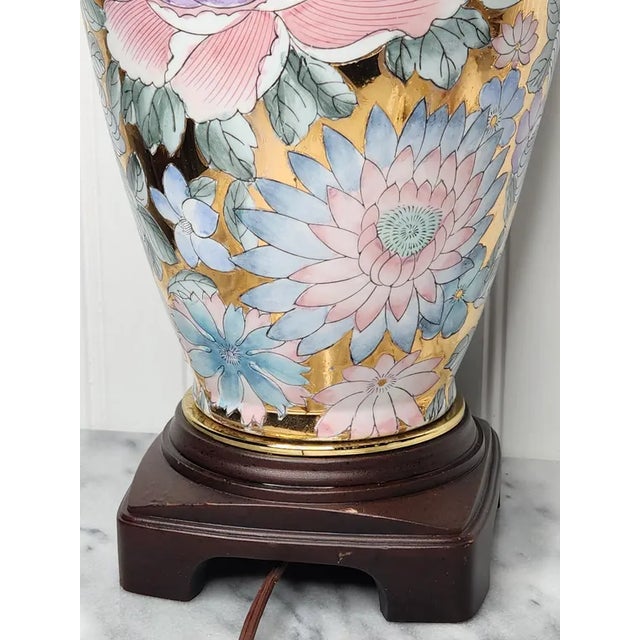 Vintage Chinoiserie Mille-Fleurs Gold Porcelain Table Lamp, Large 32” Statement Floral Lamp For Sale - Image 9 of 16