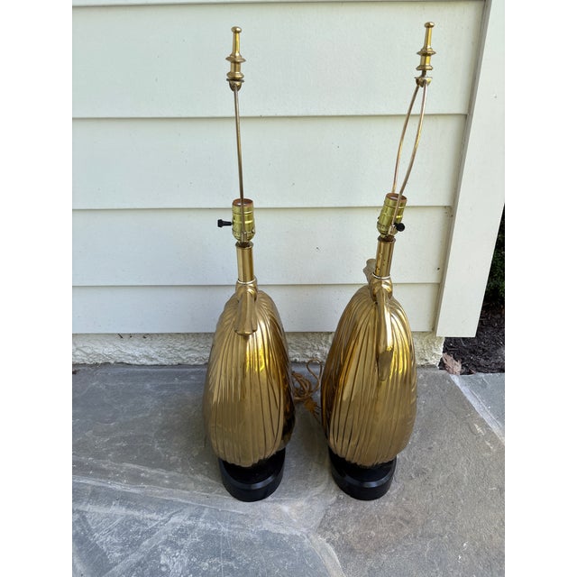 Dorothy Draper 1960s E.F. Chapman Dorothy Draper Style Draped Brass Swan Lamps Pair For Sale - Image 4 of 10