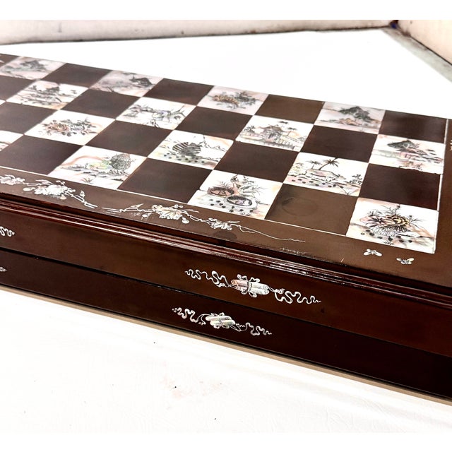 1940s Vintage Chinese Black Lacquer & Mother-of-Pearl Inlaid Folding Chess Board For Sale - Image 5 of 11