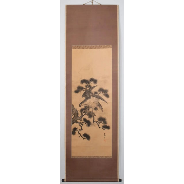 Pre-1940 Showa Era Japanese Printed Scroll "Pine Tree and the Hawk" For Sale - Image 9 of 12