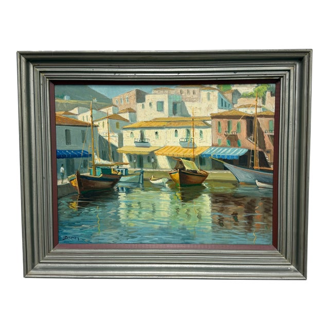 Laurence Dingley Mediterranean Harbor Oil Painting, Framed For Sale