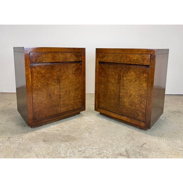 Wood Mid Century Modern Milo Baughman Style Burlwood & Walnut Nightstands For Sale - Image 7 of 12