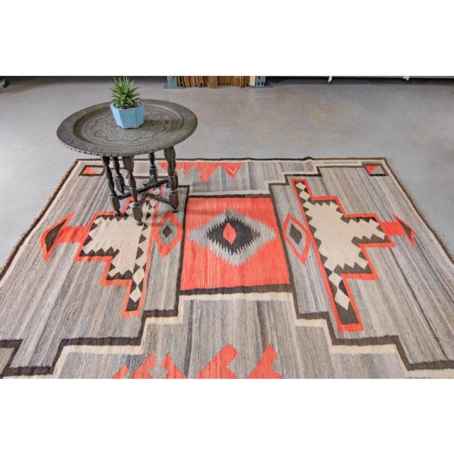 Contemporary Navajo Design Kilim Geometric Salmon Gray Low Pile Handwoven Wool Rug - 4’8” X 6’2” For Sale - Image 4 of 10
