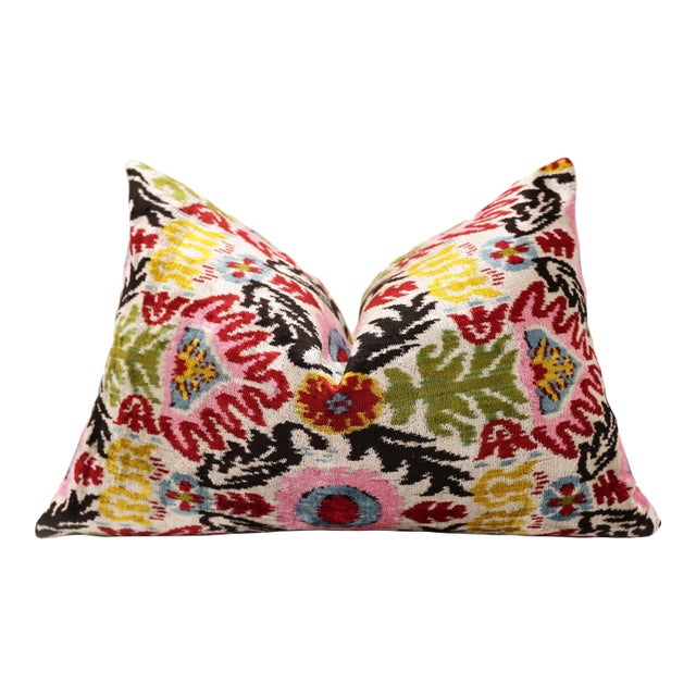 Hand-Knotted Vibrant Floral Silk Velvet Lumbar - 16x24 Pink & Yellow For Sale